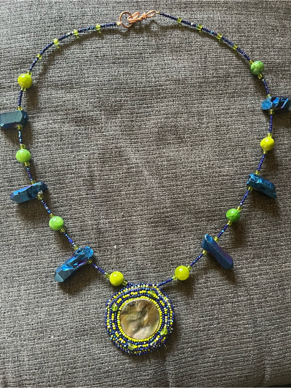 Handmade Blue and Lime Abalone Beaded Pendant Necklace